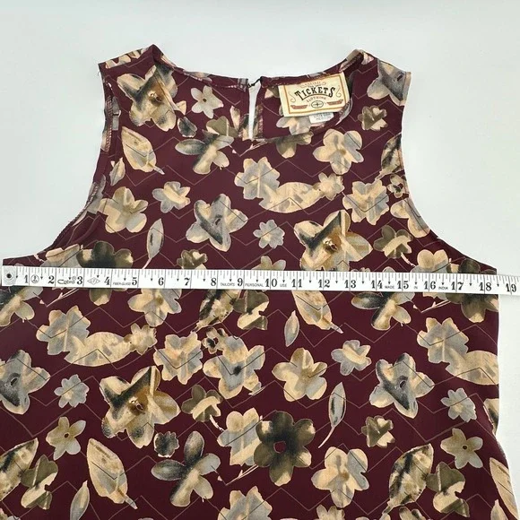 Vtg Tickets Clothing Y2K Women M Sleeveless Floral Print Burgundy Shift Dress - Picture 6 of 8